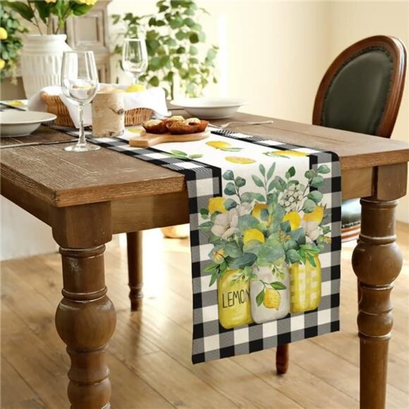 Black Buffalo Check Summer Table Runner 72” w/ Lemon Vase-Rustic Farmhouse  Deco - Picture 2 of 7